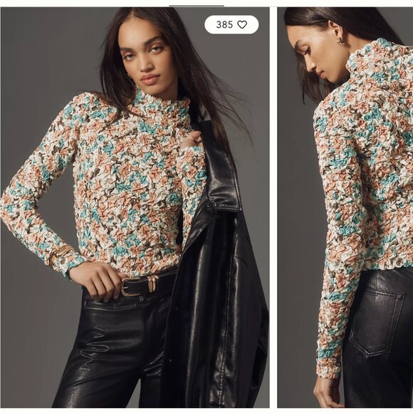 Anthropologie Tops - NWT ANTHROPOLOGIE Dolan Blue and Brown Smocked Ruffled Long Sleeve Blouse Size M